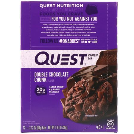 乳清蛋白棒, 牛奶蛋白棒: Quest Nutrition, Protein Bar, Double Chocolate Chunk, 12 Bars, 2.12 oz (60 g) Each