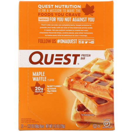 乳清蛋白棒, 牛奶蛋白棒: Quest Nutrition, Protein Bar, Maple Waffle, 12 Bars, 2.12 oz (60 g) Each