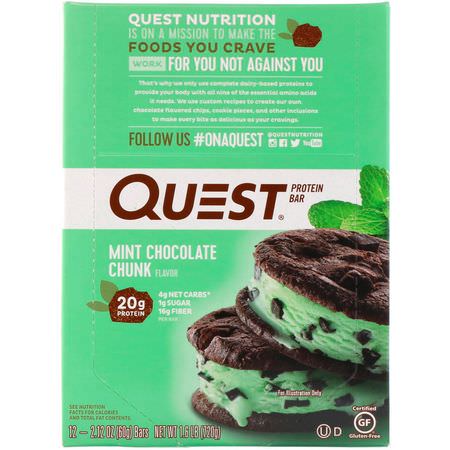 乳清蛋白棒, 牛奶蛋白棒: Quest Nutrition, Protein Bar, Mint Chocolate Chunk, 12 Bars, 2.12 oz (60 g) Each