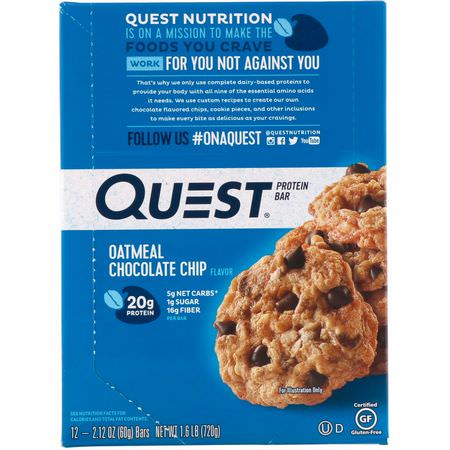 乳清蛋白棒, 牛奶蛋白棒: Quest Nutrition, Protein Bar, Oatmeal Chocolate Chip, 12 Bars, 2.12 oz (60 g) Each