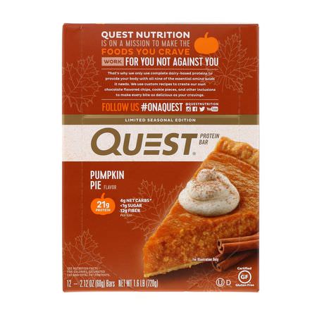 乳清蛋白棒, 牛奶蛋白棒: Quest Nutrition, Protein Bar, Pumpkin Pie, 12 Bars, 2.12 oz (60 g) Each