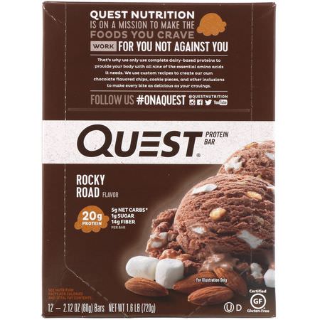 乳清蛋白棒, 牛奶蛋白棒: Quest Nutrition, Protein Bar, Rocky Road, 12 Bars, 2.12 oz (60 g) Each
