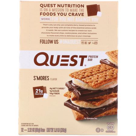 乳清蛋白棒, 牛奶蛋白棒: Quest Nutrition, Protein Bar, S'mores, 12 Bars, 2.12 (60 g) Each