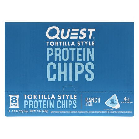 小吃, 蛋白質小吃: Quest Nutrition, Tortilla Style Protein Chips, Ranch, 8 Bags, 1.1 oz (32 g ) Each