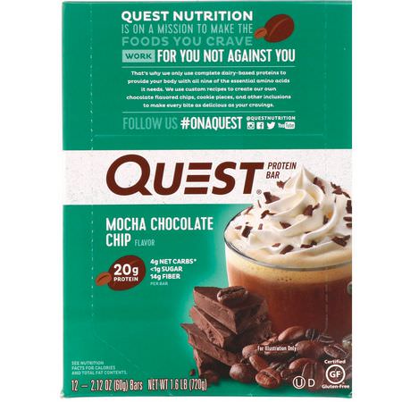 乳清蛋白棒, 牛奶蛋白棒: Quest Nutrition, Protein Bar, Mocha Chocolate Chip, 12 Bars, 2.12 oz (60 g) Each