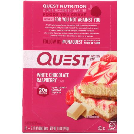 乳清蛋白棒, 牛奶蛋白棒: Quest Nutrition, Protein Bar, White Chocolate Raspberry, 12 Bars, 2.12 oz (60 g) Each