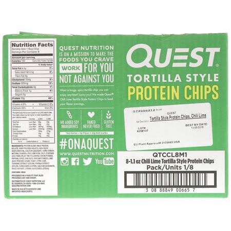 小吃, 蛋白質小吃: Quest Nutrition, Tortilla Style Protein Chips, Chili Lime, 8 Bags, 1.1 oz (32 g) Each