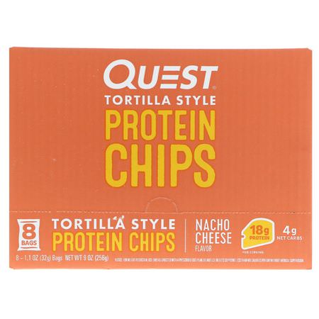 小吃, 蛋白質小吃: Quest Nutrition, Tortilla Style Protein Chips, Nacho Cheese, 8 Bags, 1.1 oz (32 g ) Each