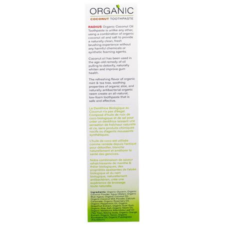 無氟化物, 牙膏: RADIUS, USDA Organic Coconut Toothpaste, Mint Aloe Neem, 3 oz (85 g)