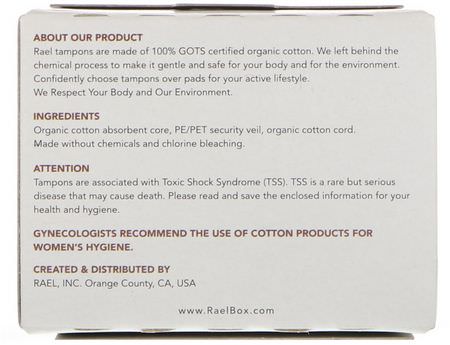 衛生棉條, 女性衛生: Rael, 100% Organic Cotton Tampons, Super, 18 Tampons
