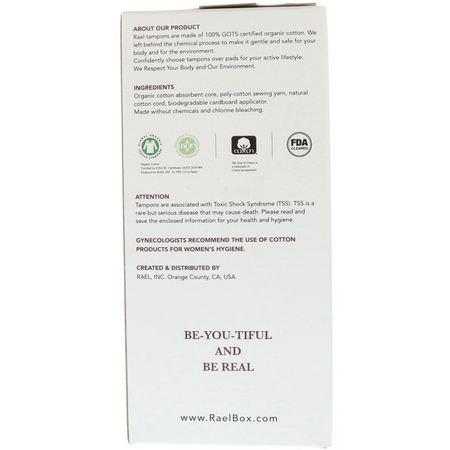 衛生棉條, 女性衛生: Rael, 100% Organic Cotton Tampons With Biodegradable Applicator, Regular, 16 Tampons