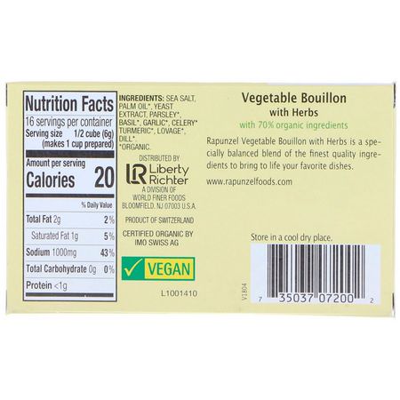 肉湯, 肉湯: Rapunzel, Vegan Vegetable Bouillon with Herbs, 8 Cubes 3.1 oz (88 g)