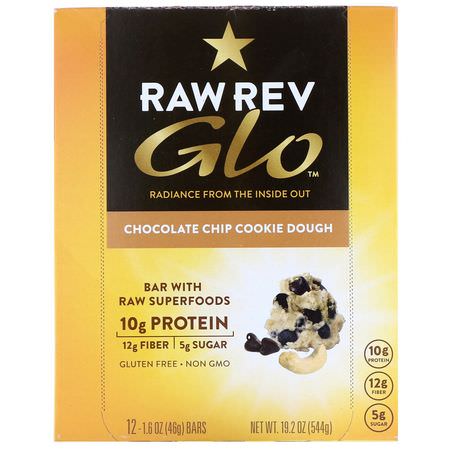 營養棒, 植物性蛋白棒: Raw Rev, Glo, Chocolate Chip Cookie Dough, 12 Bars, 1.6 oz (46 g) Each