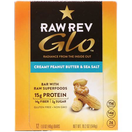 營養棒, 植物性蛋白棒: Raw Rev, Glo, Creamy Peanut Butter & Sea Salt, 12 Bars, 1.6 oz (46 g) Each
