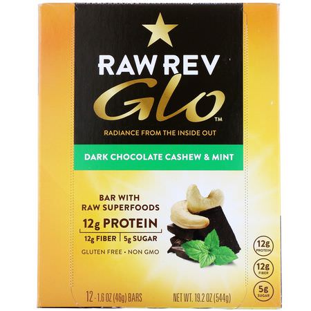營養棒, 植物性蛋白棒: Raw Rev, Glo, Dark Chocolate Cashew & Mint, 12 Bars, 1.6 oz (46 g) Each
