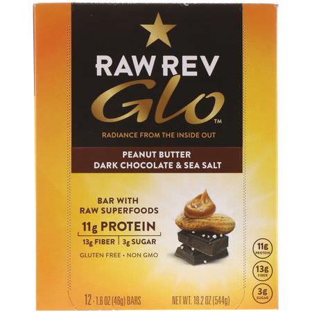 營養棒, 植物性蛋白棒: Raw Rev, Glo, Peanut Butter Dark Chocolate & Sea Salt, 12 Bars, 1.6 oz (46 g) Each