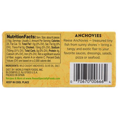 海鮮: Reese, Flat Fillets of Anchovies, in Pure Olive Oil, 2 oz (56 g)