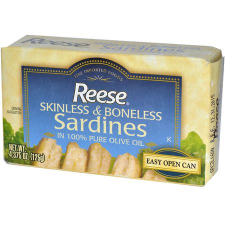 沙丁魚, 海鮮: Reese, Skinless & Boneless Sardines in 100% Pure Olive Oil, 4.375 oz (125 g)