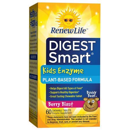 消化酶, 消化: Renew Life, Digest Smart, Kids Enzyme, Berry Blast, 60 Chewable Tablets