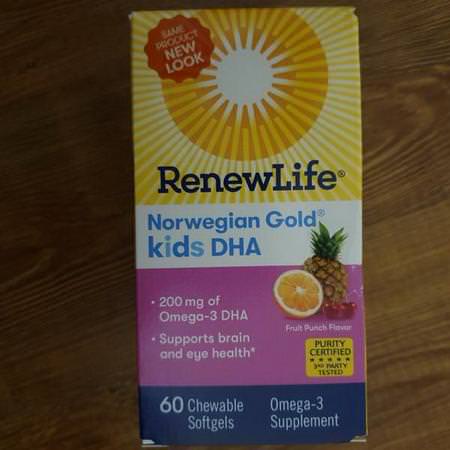 Renew Life, Norwegian Gold, Kids DHA, Fruit Punch Flavor, 60 Chewable Softgels