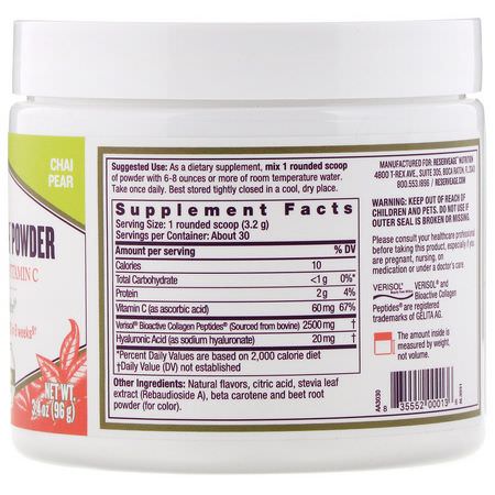 膠原蛋白補充劑, 關節: ReserveAge Nutrition, Collagen Replenish Powder, Chai Pear, 3.4 oz (96 g)