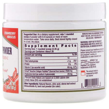 膠原補充劑, 關節: ReserveAge Nutrition, Collagen Replenish Powder, Strawberry Hibiscus, 3.56 oz (101 g)