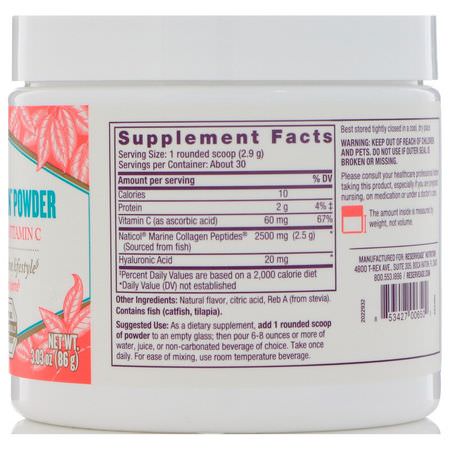 膠原補充劑, 關節: ReserveAge Nutrition, Freshwater Collagen Powder with Hyaluronic Acid & Vitamin C, Lemon, 3.03 oz (86 g)