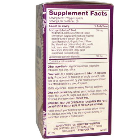 白藜蘆醇, 抗氧化劑: ReserveAge Nutrition, Resveratrol, Cellular Age-Defying Formula, 250 mg, 60 Veggie Caps