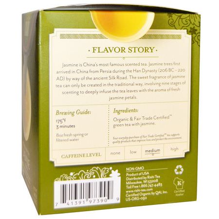 綠茶: Rishi Tea, Organic Green Tea, Jasmine Green, 15 Tea Bags, 1.48 oz (42 g) Each