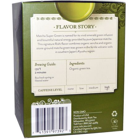 抹茶, 綠茶: Rishi Tea, Organic Green Tea, Matcha Super Green, 15 Tea Bags 1.43 oz (40.5 g)