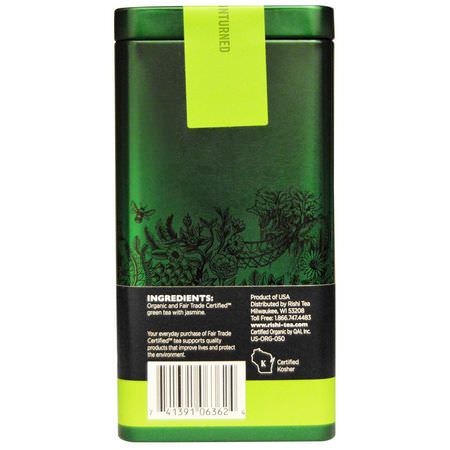 綠茶: Rishi Tea, Organic Loose Leaf Green Tea, Jasmine, 1.94 oz (55 g)