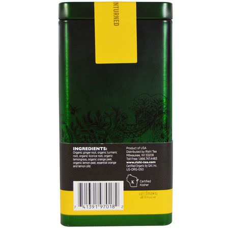薑茶, 薑黃茶: Rishi Tea, Turmeric Ginger, Organic Loose Leaf Herbal Tea, Ayurvedic + Meyer Lemon, 2.47 oz (70 g)