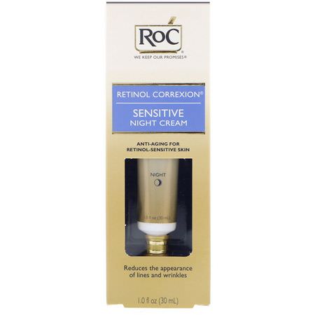 夜間保濕霜, 乳霜: RoC, Retinol Correxion, Sensitive Night Cream, 1.0 fl oz (30 ml)