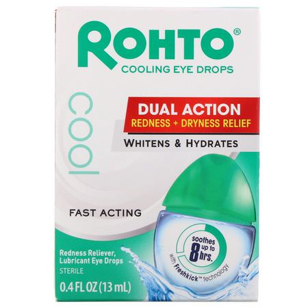 眼藥水, 眼部護理: Rohto, Cooling Eye Drops, Dual Action Redness + Dryness Relief, 0.4 fl oz (13 ml)