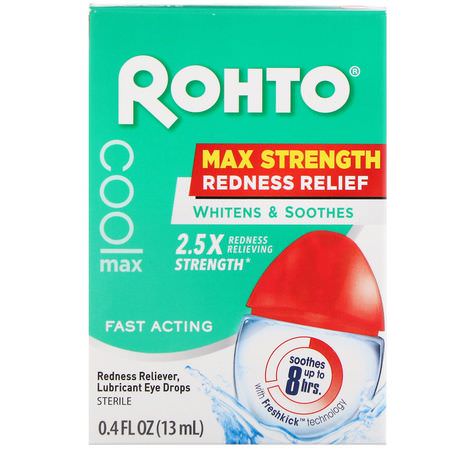 眼藥水, 眼部護理: Rohto, Cooling Eye Drops, Max Strength Redness Relief, 0.4 fl oz (13 ml)