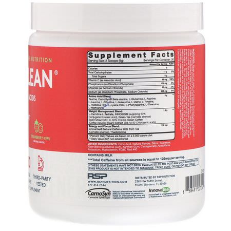 興奮劑, 鍛煉前補品: RSP Nutrition, AminoLean, Strawberry Kiwi, 9.52 oz (270 g)
