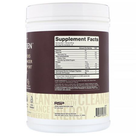 膠原補充劑, 關節: RSP Nutrition, AvoCollagen, Collagen Peptides & Avocado Oil Powder, Chocolate, 14.1 oz (400 g)