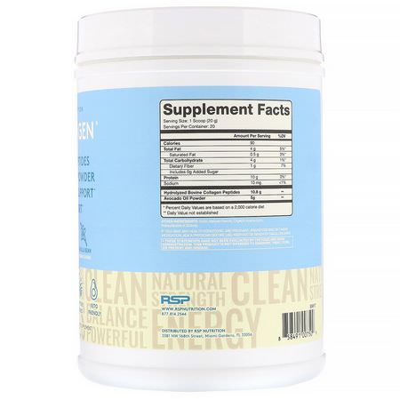 膠原蛋白補充劑, 關節: RSP Nutrition, AvoCollagen, Collagen Peptides & Avocado Oil Powder, Vanilla Bean, 14.1 oz (400 g)