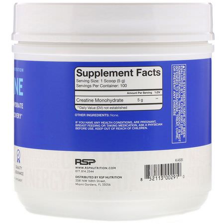 一水肌酸, 肌酸: RSP Nutrition, Creatine Monohydrate, Micronized Creatine Powder, 5 g, 17.6 oz (500 g)