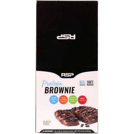 蛋白質布朗尼, 蛋白質小吃: RSP Nutrition, Protein Brownie, Classic Fudge, 12 Brownies, 1.87 oz (53 g) Each