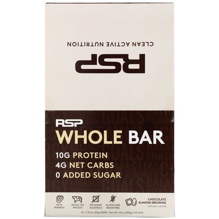 乳清蛋白棒, 蛋白棒: RSP Nutrition, Whole Bar, Chocolate Almond Brownie, 12 Bars, 1.76 oz (50 g) Each