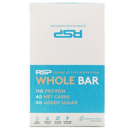 乳清蛋白棒, 蛋白棒: RSP Nutrition, Whole Bar, Coconut Cashew, 12 Bars, 1.76 oz (50 g) Each