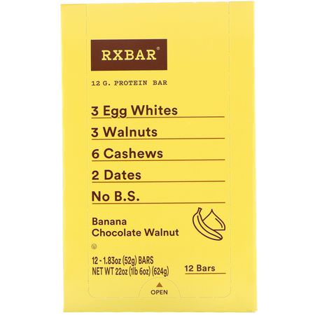 基於植物的蛋白質棒, 蛋白質棒: RXBAR, Protein Bar, Banana Chocolate Walnut, 12 Bars, 1.83 oz (52 g) Each