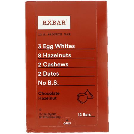 營養棒: RXBAR, Protein Bar, Chocolate Hazelnut, 12 Bars, 1.83 oz (52 g) Each