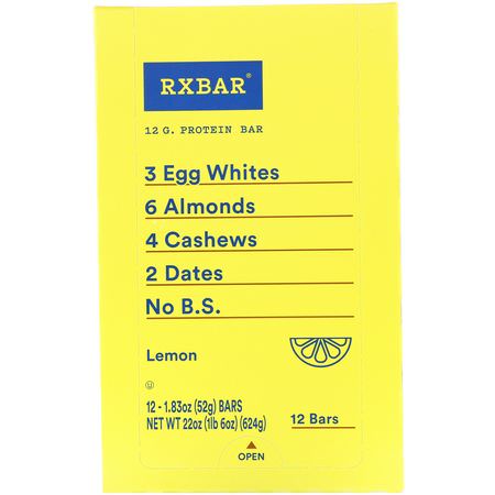 基於植物的蛋白質棒, 蛋白棒: RXBAR, Protein Bar, Lemon, 12 Bars, 1.83 oz (52 g) Each
