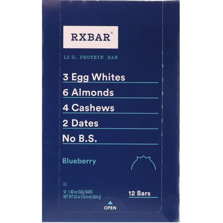 基於植物的蛋白質棒, 蛋白棒: RXBAR, Protein Bars, Blueberry, 12 Bars, 1.83 oz (52 g) Each