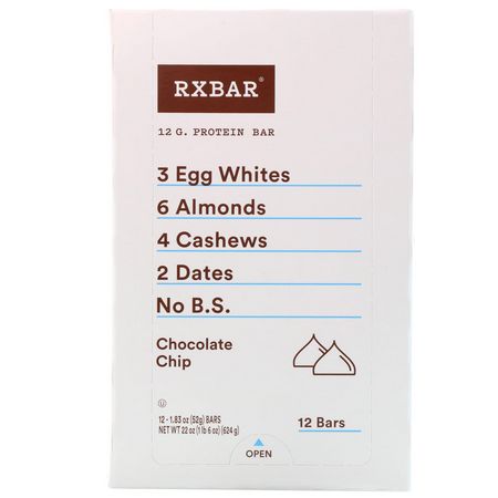 營養棒: RXBAR, Protein Bars, Chocolate Chip, 12 Bars, 1.83 oz (52 g) Each