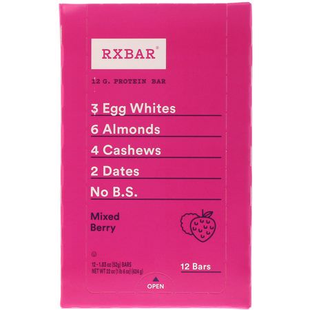 營養棒: RXBAR, Protein Bars, Mixed Berry, 12 Bars, 1.83 oz (52 g) Each
