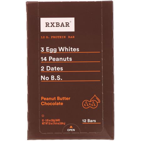 基於植物的蛋白質棒, 蛋白棒: RXBAR, Protein Bars, Peanut Butter Chocolate, 12 Bars, 1.83 oz (52 g) Each