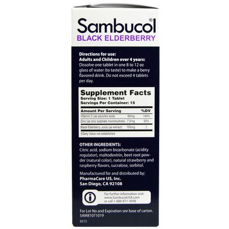 流感, 咳嗽: Sambucol, Black Elderberry, Effervescent Tablets, 15 Effervescent Tablets